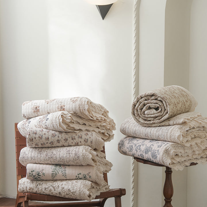 Hand-Quilted Vintage Floral Cotton Bedspread & Crochet-Edged Pillow Sham Set