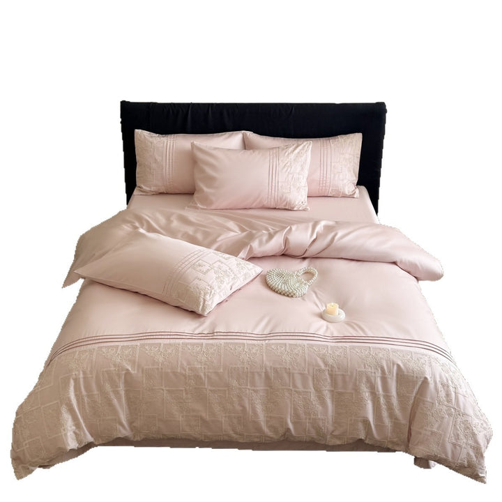 Embroidered Patchwork Motif Duvet Cover Set with Triple Pintuck Pillow Shams