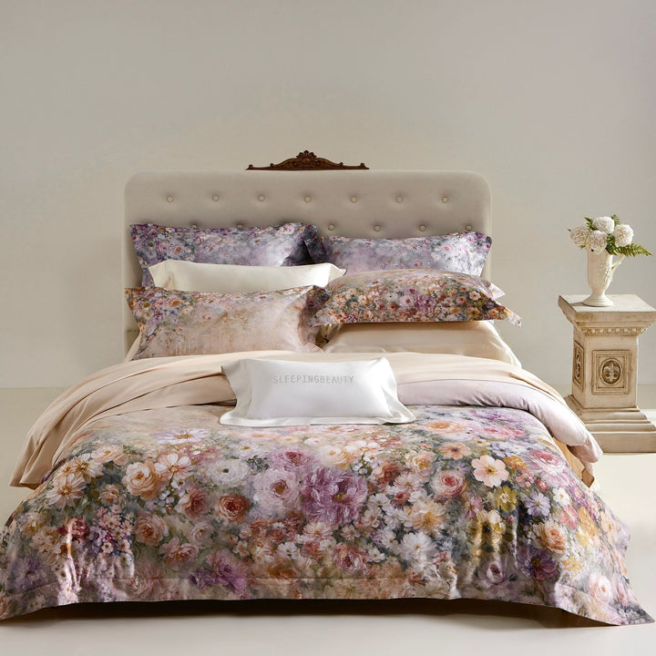 Luxury Floral Cotton Sateen Duvet Cover Set with Contrast Hem and Pillow Shams