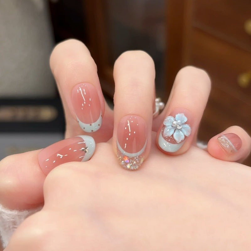 Decorative Floral Press-On Nail Set with Gem Accents