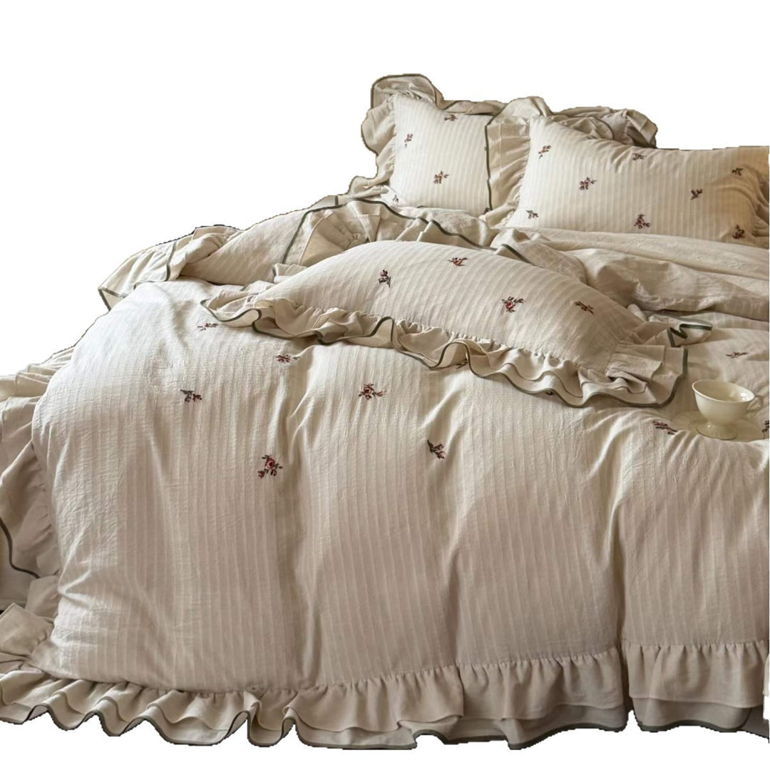 Ruffled Embroidered Cotton Duvet Cover Bedding Set with Pillow Shams