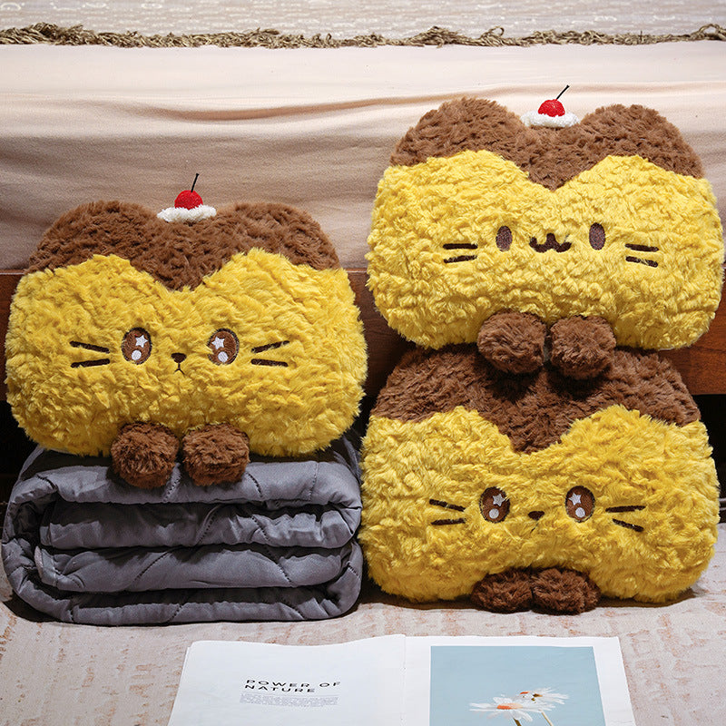 Cuddle set made of plush cat cushion and quilted travel blanket with zipper storage