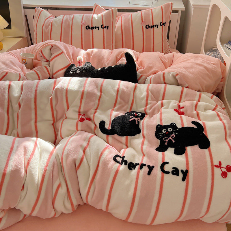 Plush Embroidered Cat Stripe Comforter Bedding Set