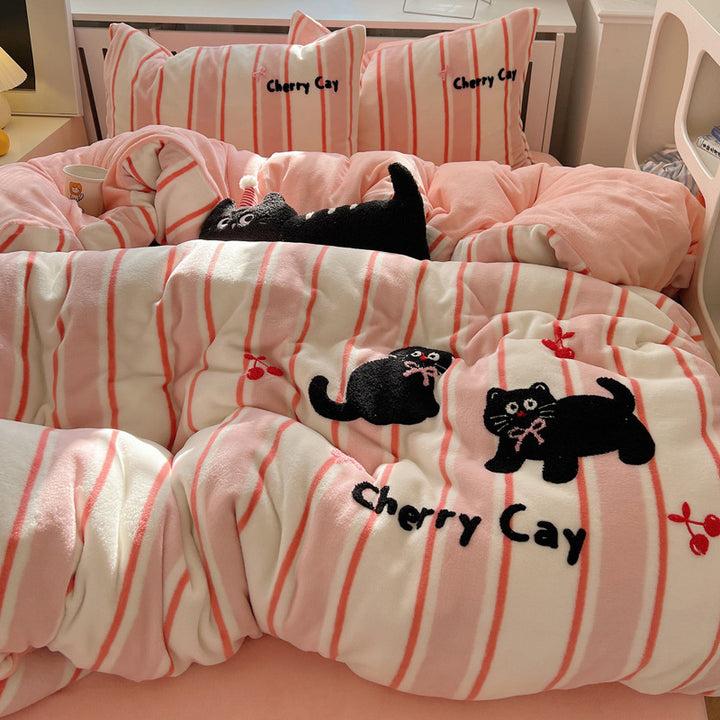 Plush Embroidered Cat Stripe Comforter Bedding Set