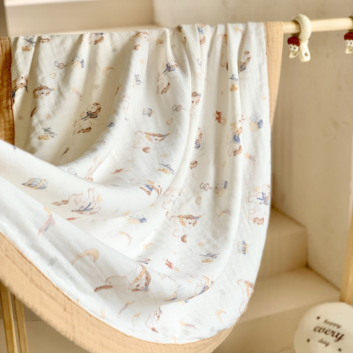 Muslin Cotton Blanket with Whimsical Animal Print and Quilted Border