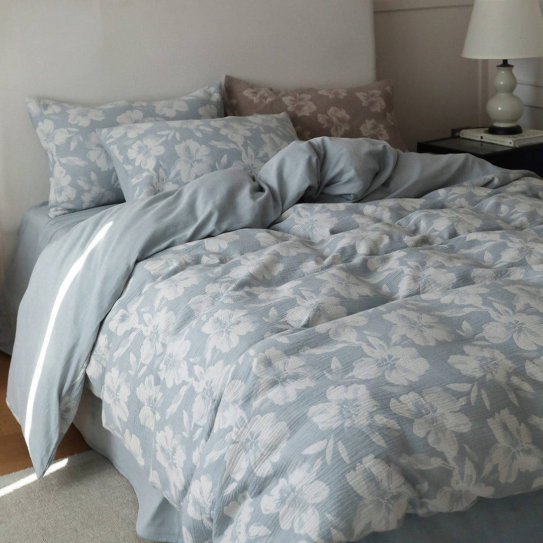 Textured Cotton Floral Duvet Cover Set with Quilted Pillowcases
