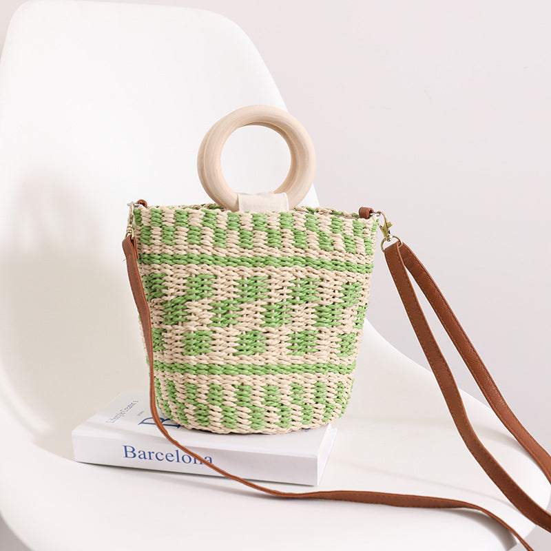 Handcrafted basket bag with wooden handle and adjustable shoulder strap Stornfield