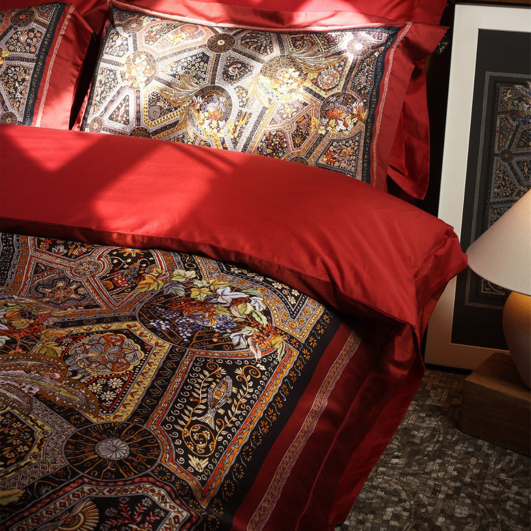 Ornate Mosaic-Print Cotton-Sateen Duvet Cover Ensemble with Solid Sateen Border & Pillow Shams