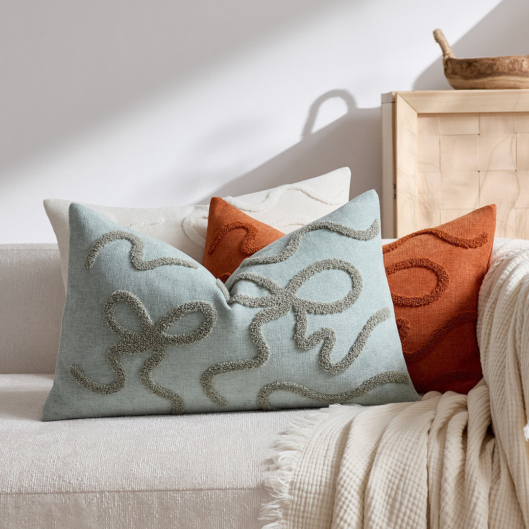 Square Textured Loop-Appliqué Linen-Blend Accent Pillow Cover