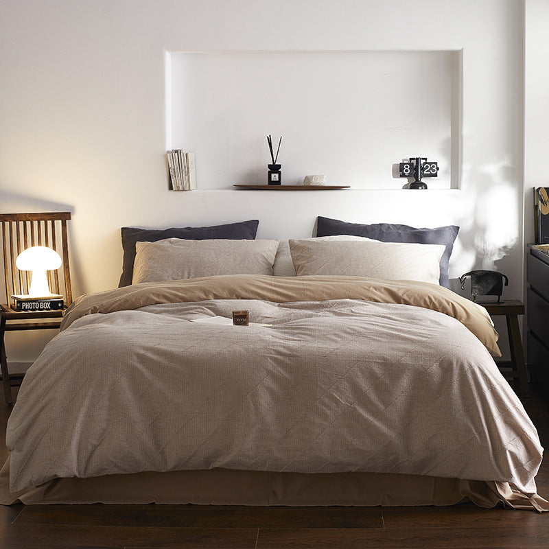 Quilted Cotton-Linen Striped Duvet Cover Set with Reversible Sateen Backing