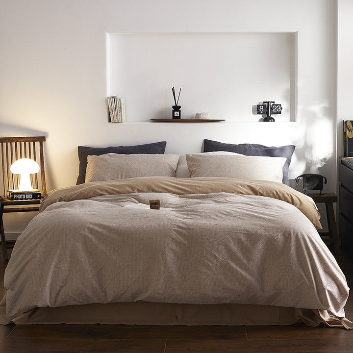 Quilted Cotton-Linen Striped Duvet Cover Set with Reversible Sateen Backing