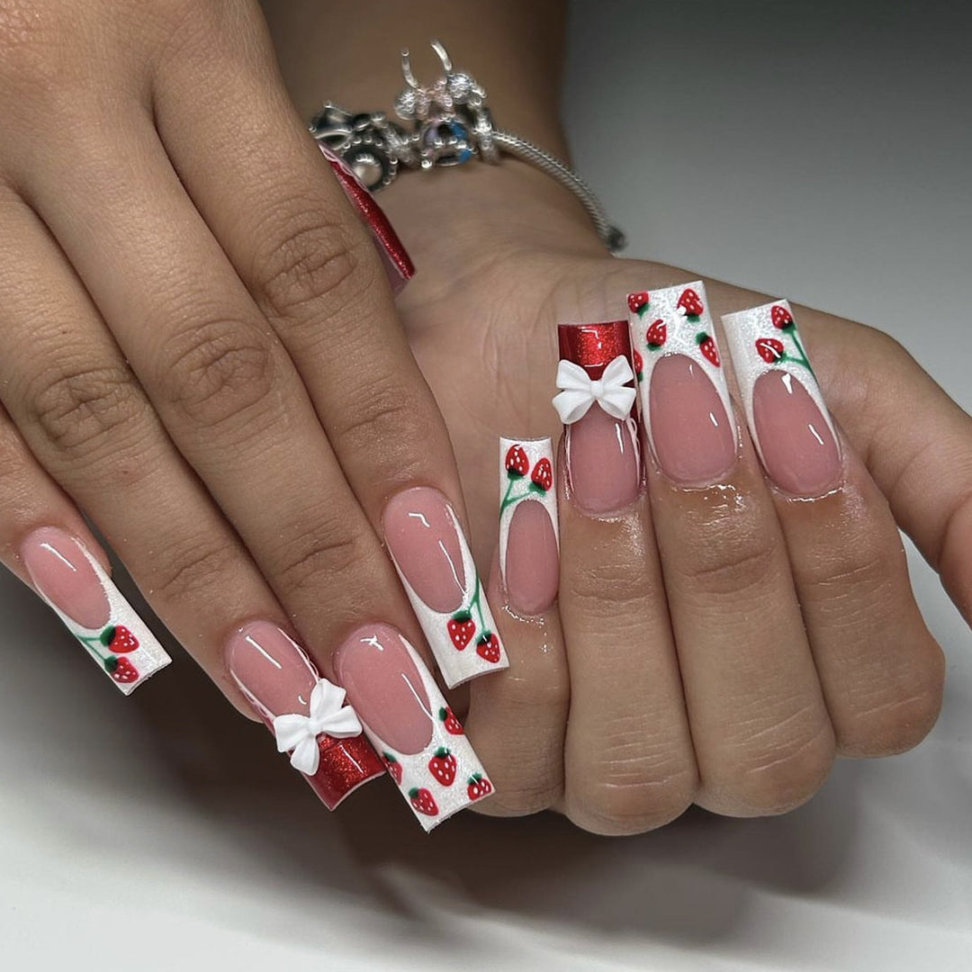 Strawberry Bow-Accent Acrylic Nail Art Extensions Stornfield