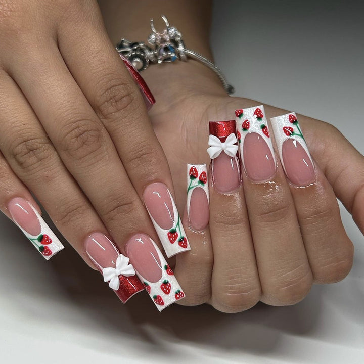 Strawberry Bow-Accent Acrylic Nail Art Extensions Stornfield