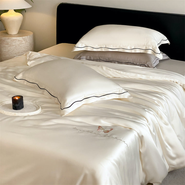 Elegant Satin Bedding Set with Fine Piping and Embroidered Butterfly