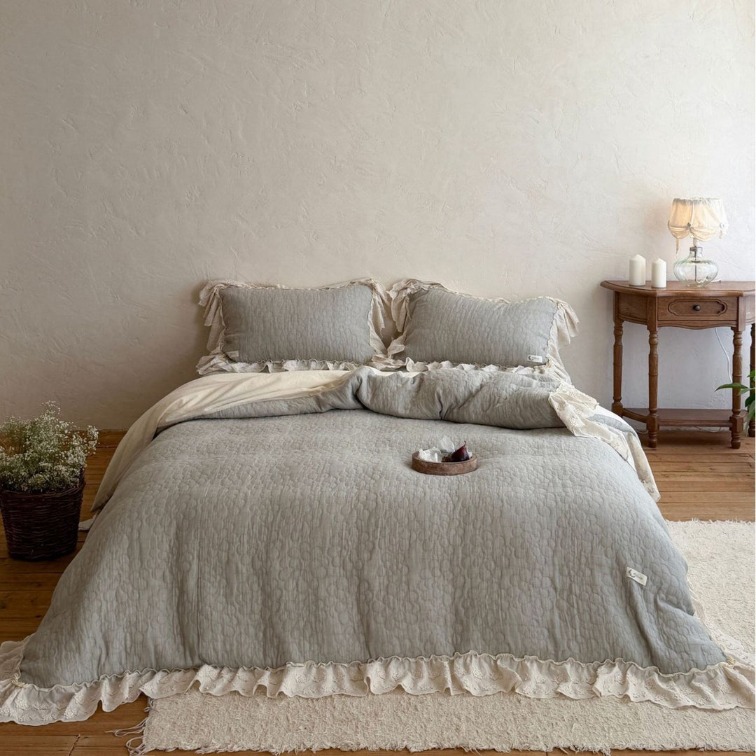 Quilted Ruffled Lace-Trim Bedspread & Reversible Duvet Cover Set with Matching Pillow Shams