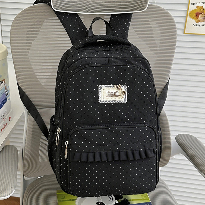 Polka Dot Patterned Backpack with Ruffle Accents Stornfield