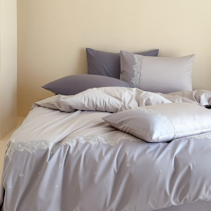 Luxury Micro-Sateen Duvet Cover Ensemble with Scalloped Lace Embroidery