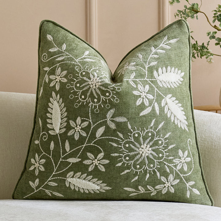 Embroidered Linen Throw Pillow Cover with Floral Motif