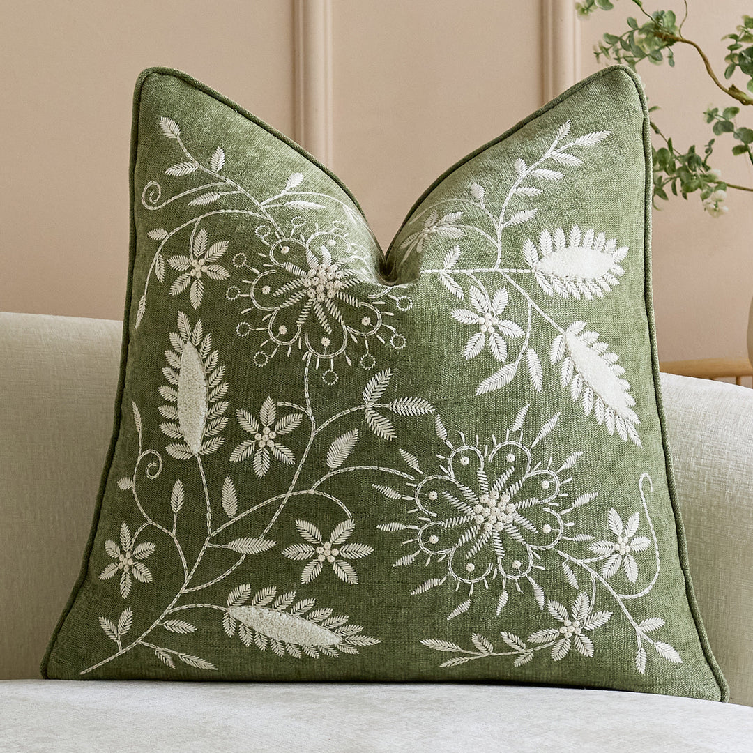 Square Embroidered Linen-Blend Decorative Throw Pillow Cover with Piped Edge