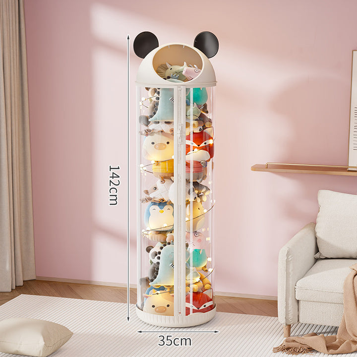Vertical Clear Cylinder Plush Toy Storage Tower with Divided Shelves and Caster Base