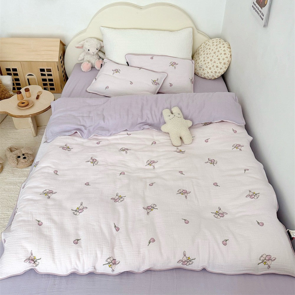 Children's Muslin Comforter Set with Cute Bear Print
