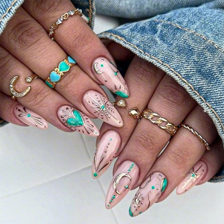 Artistic Press-On Nail Set with Stylish Floral and Gem Designs Stornfield