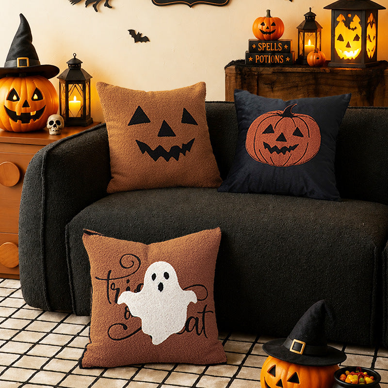 Square Decorative Pillow with Embroidered Halloween Ghost and Boucle Surface Stornfield