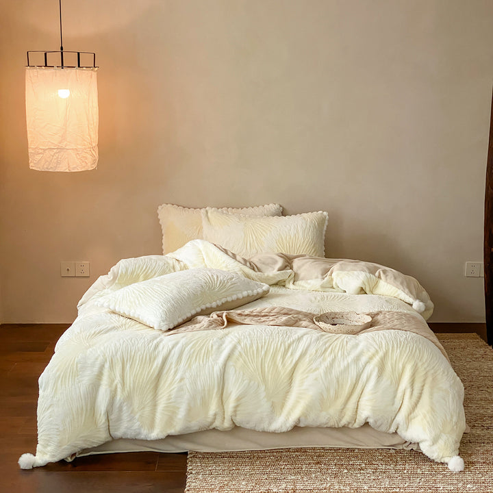 Cozy microfiber bedding set with jacquard floral relief and pompom edge