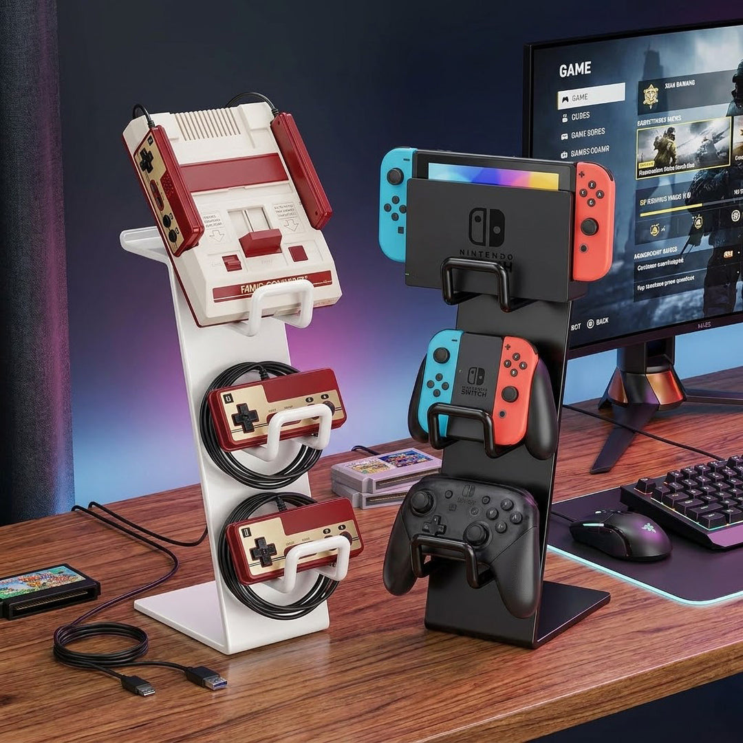 Multi-Controller and Headset Organizer Stand with Triple Hooks and Compact Charging Base