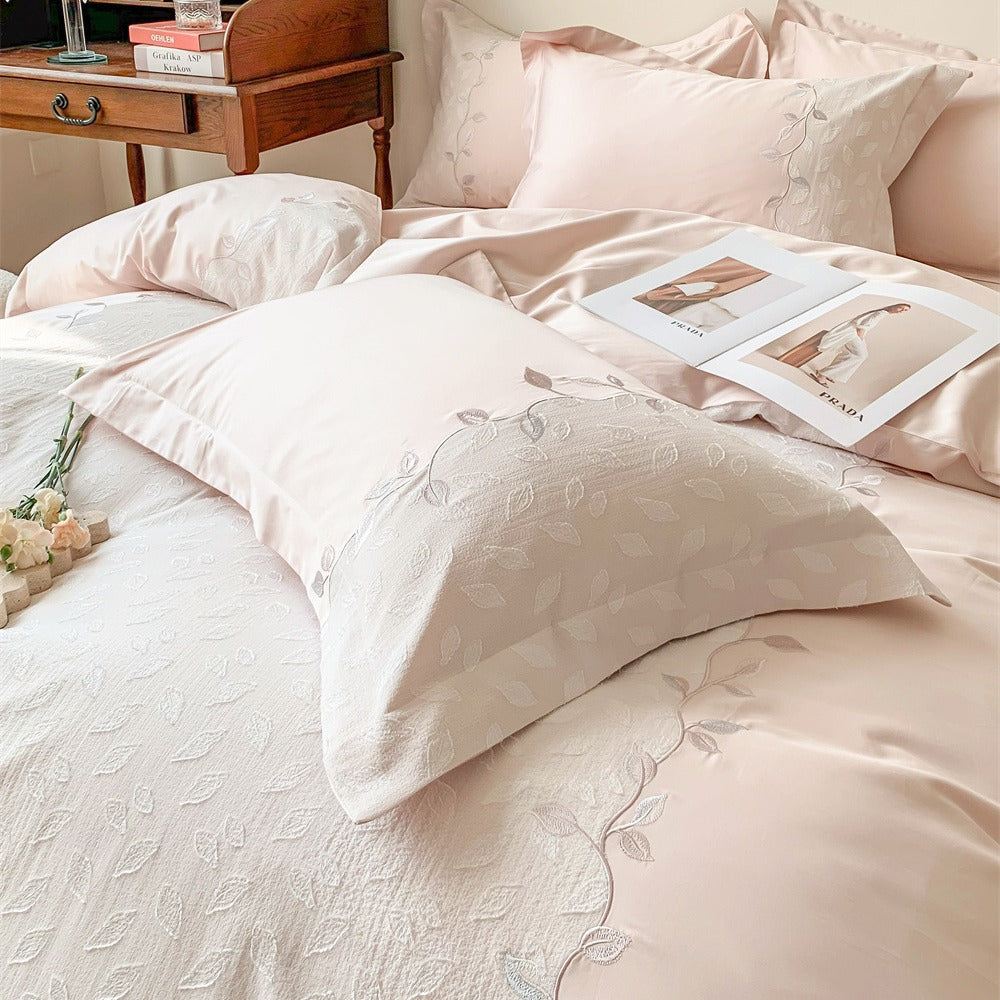 Reversible Embroidered Cotton-Sateen Duvet Cover Set with Leaf Jacquard and Oxford Shams