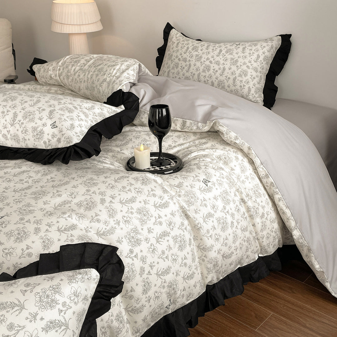 Floral Duvet Cover Set with Ruffled Contrast Border and Bunny Accent Pillow Shams