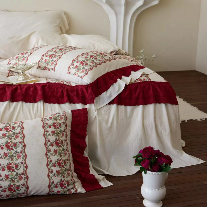 Patchwork-Striped Floral Quilted Duvet Cover Set with Frilled Hem & Envelope Shams
