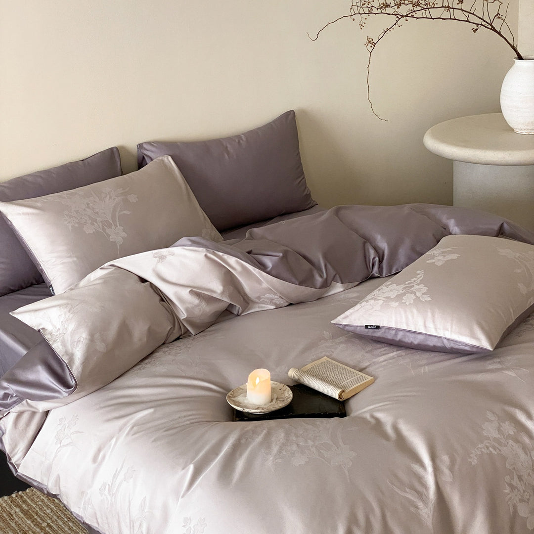 Floral Jacquard Reversible Duvet Cover Set with Silky Sateen Finish