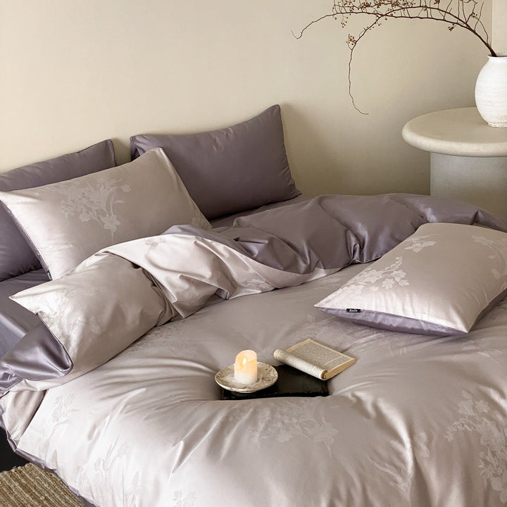 Floral Jacquard Reversible Duvet Cover Set with Silky Sateen Finish