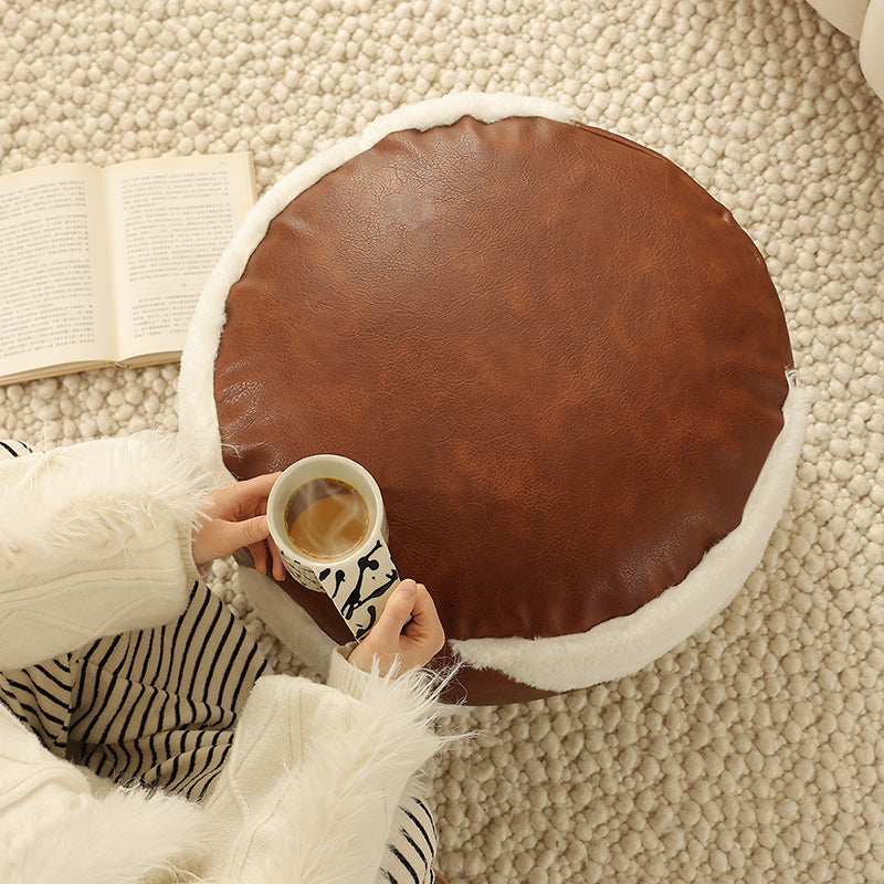 Round padded seat pouf as a floor stool with vintage leather look and teddy fleece inserts Stornfield