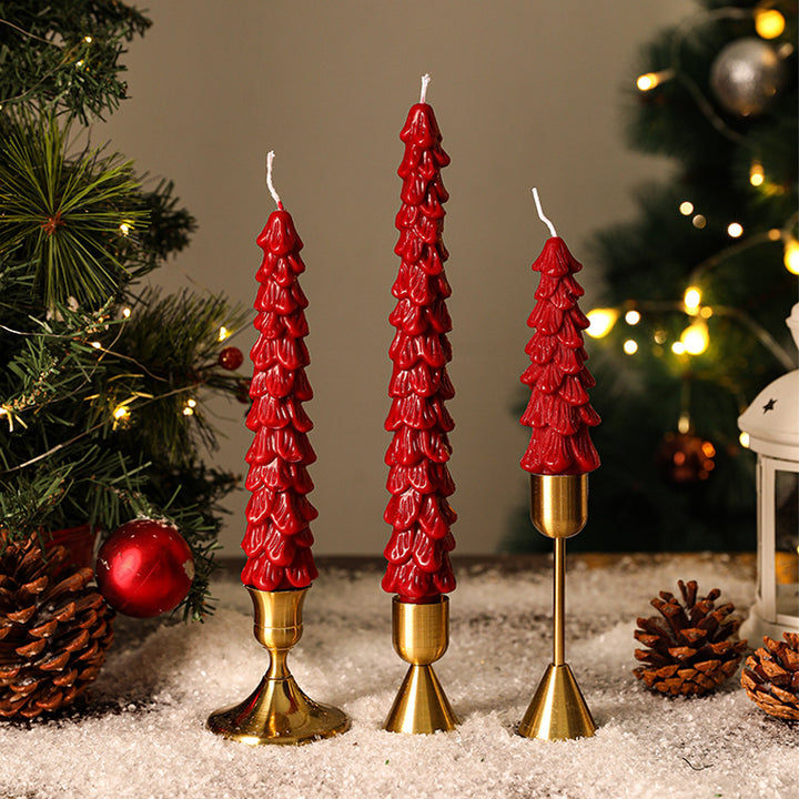 Festive Sculpted Pine Taper Candle Trio with Brass Holders
