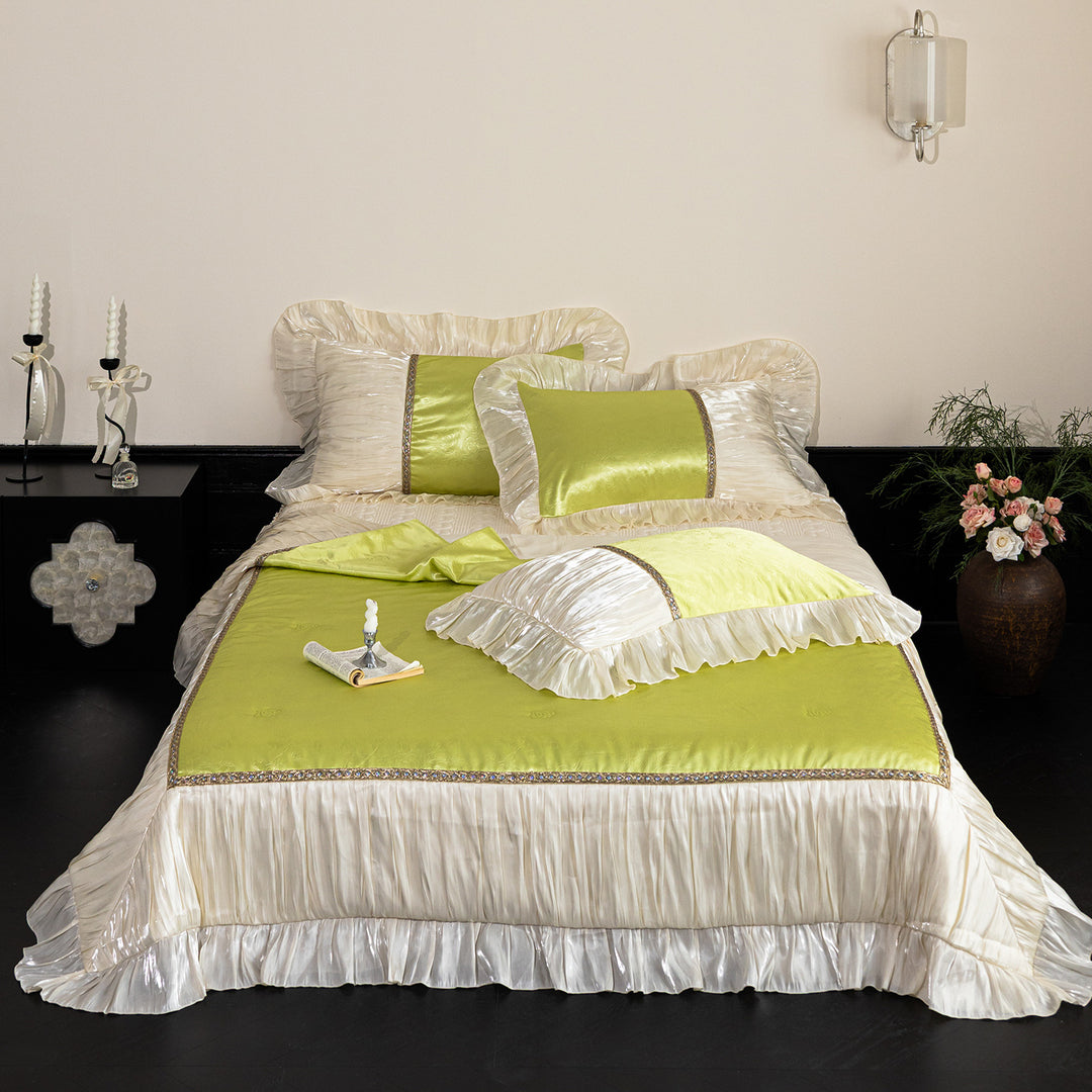 Luxurious satin bedspread set with ruffle and decorative trim