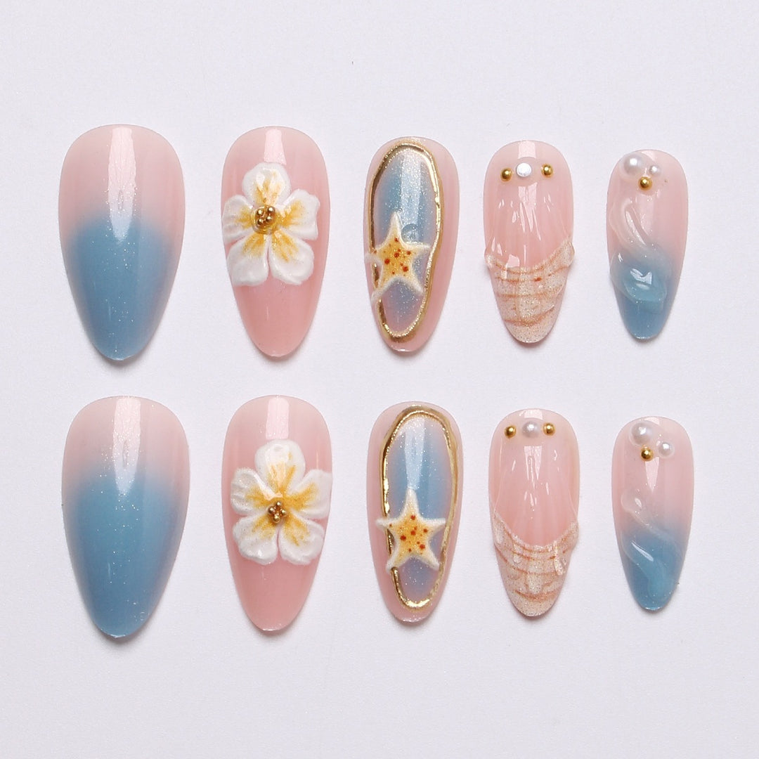 Artistic Seashell and Floral Press-On Nail Art Set Stornfield