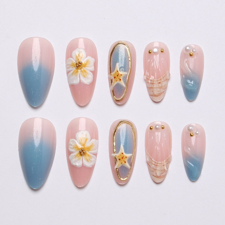 Artistic Seashell and Floral Press-On Nail Art Set Stornfield