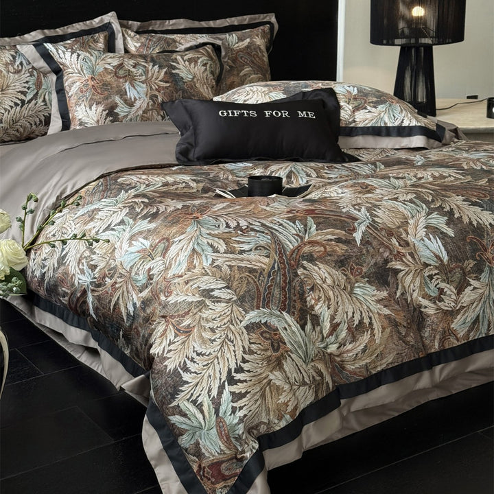 Luxury Tapestry-Style Botanical Duvet Cover Set with Satin Border & Corner Ties