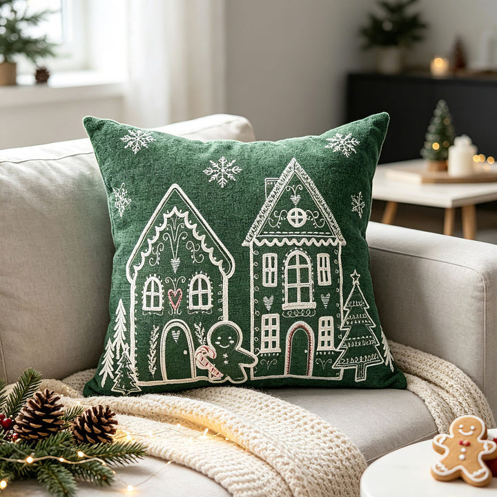Christmas Gingerbread House Embroidered Velvet Lumbar Pillow Cover
