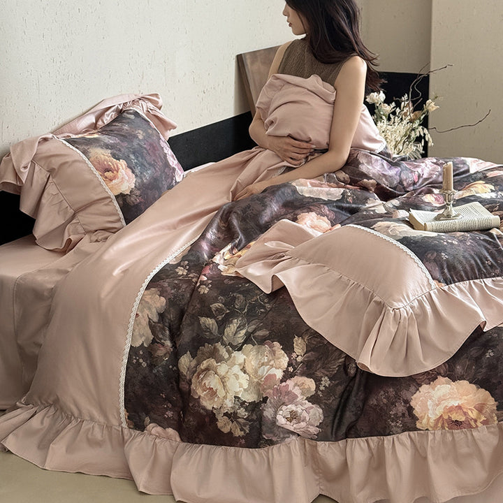 Antique Watercolor Panel Ruffled Duvet Cover Set with Frilled Pillow Shams