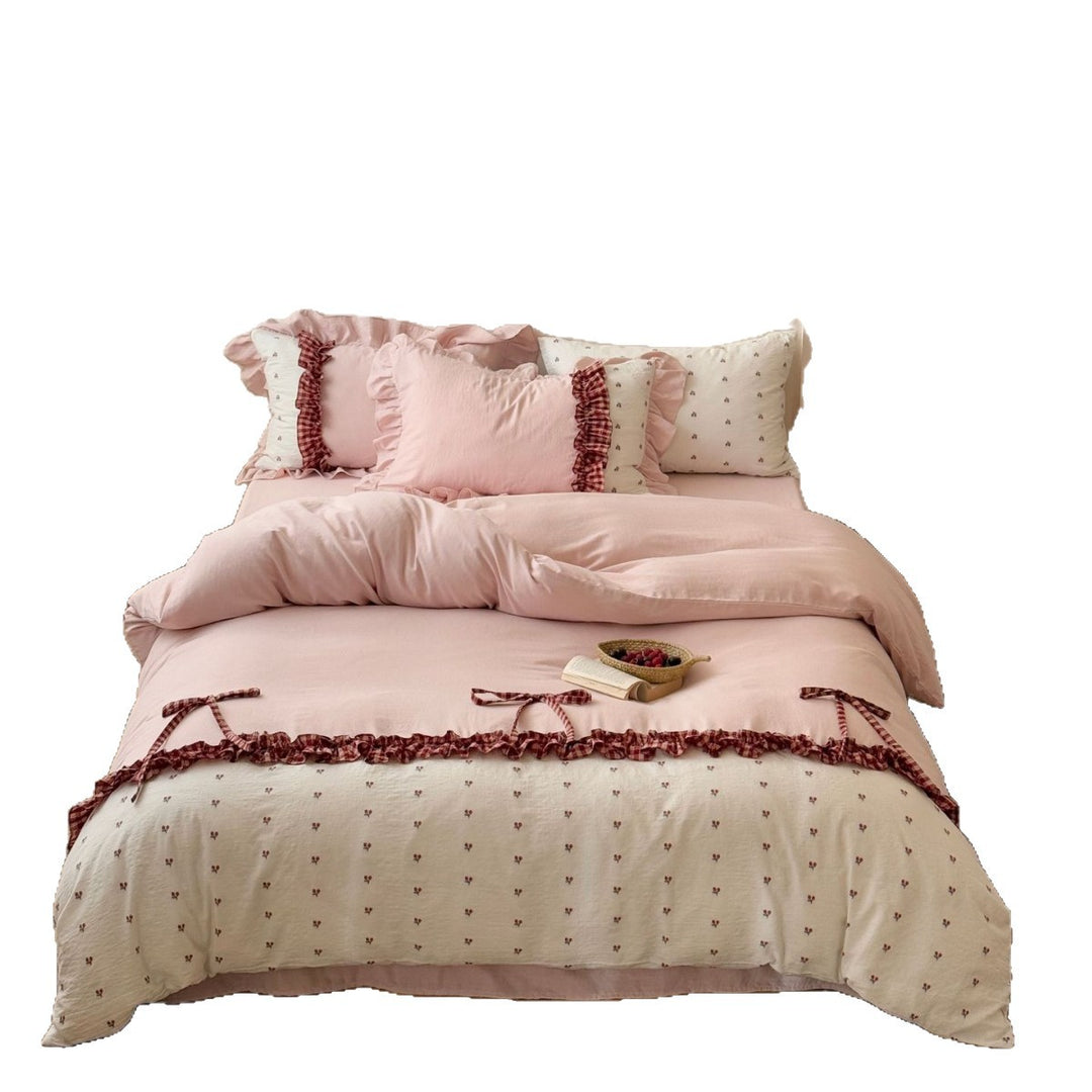Ruffled Cotton Sateen Duvet Cover Set with Micro Floral Print and Check-Tie Trim