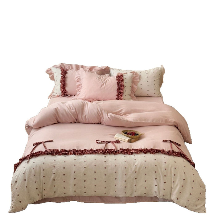 Ruffled Cotton Sateen Duvet Cover Set with Micro Floral Print and Check-Tie Trim
