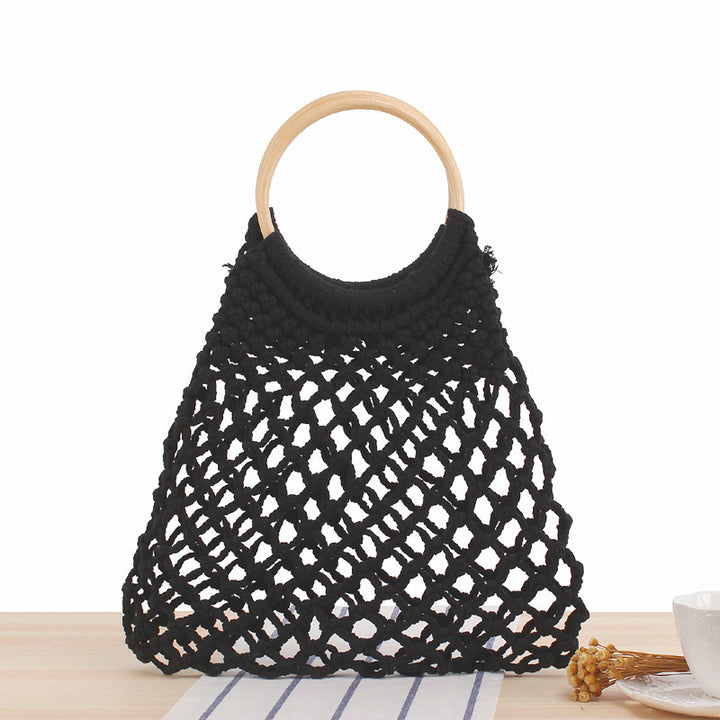 Macrame Basket with round wooden handle Stornfield