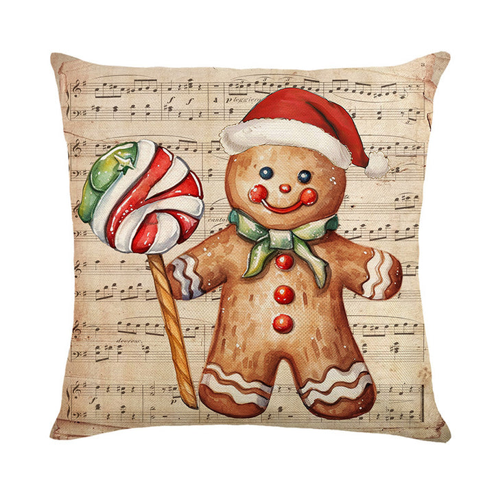 Festive Linen-Texture Decorative Throw Pillow Cover with Gingerbread Man and Musical Sheet Print