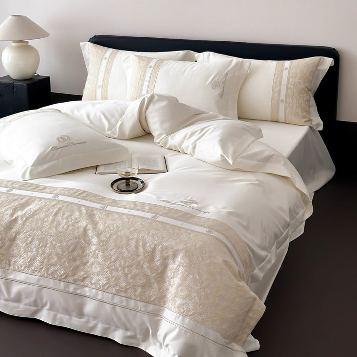 Luxury Embroidered Satin Sheet Set with Jacquard Border and Decorative Pillow Shams