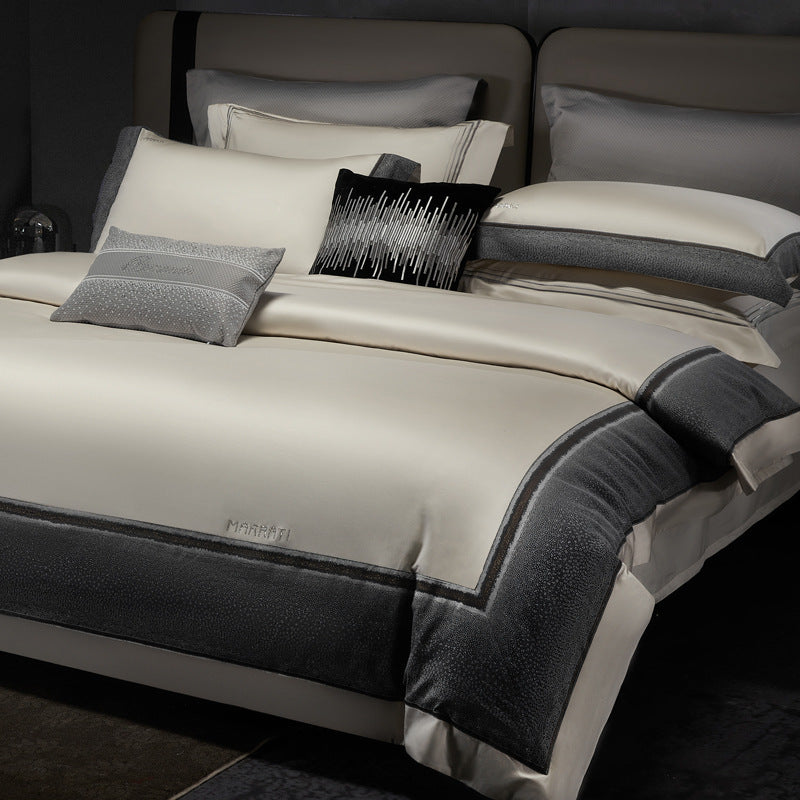 Hotel-Style Silky Sateen Duvet Ensemble with Contrast Textured Border and Euro Shams