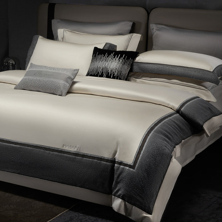 Hotel-Style Silky Sateen Duvet Ensemble with Contrast Textured Border and Euro Shams