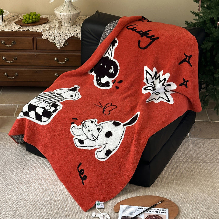 Plush Jacquard Throw Blanket with Playful Cat and Chair Motif